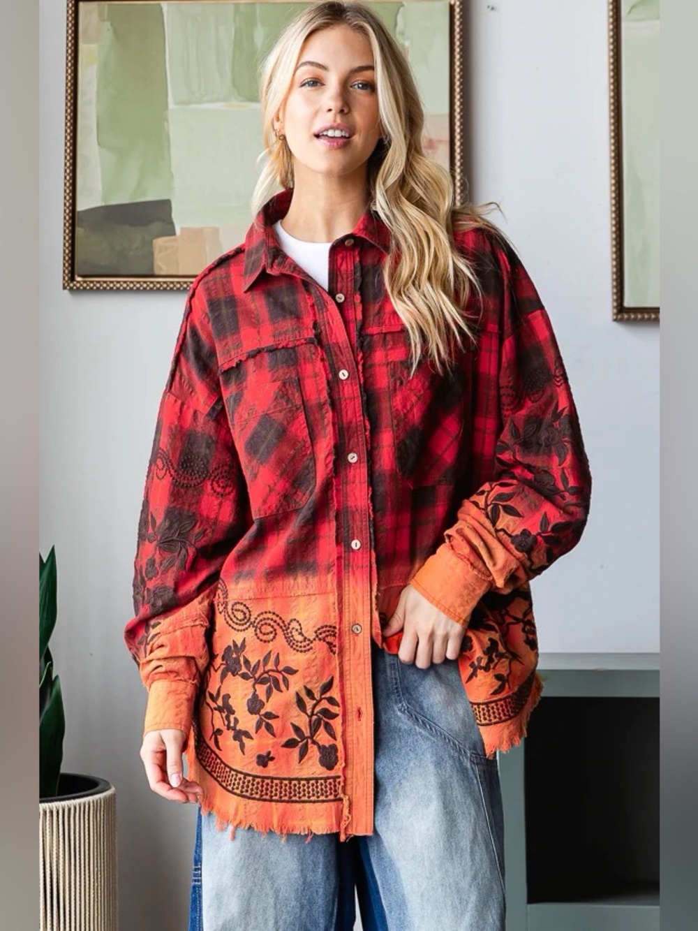 Oli & Hali Mineral Washed Plaid Embroidered Shirt Relaxed Cotton Women Size L - Picture 7 of 16